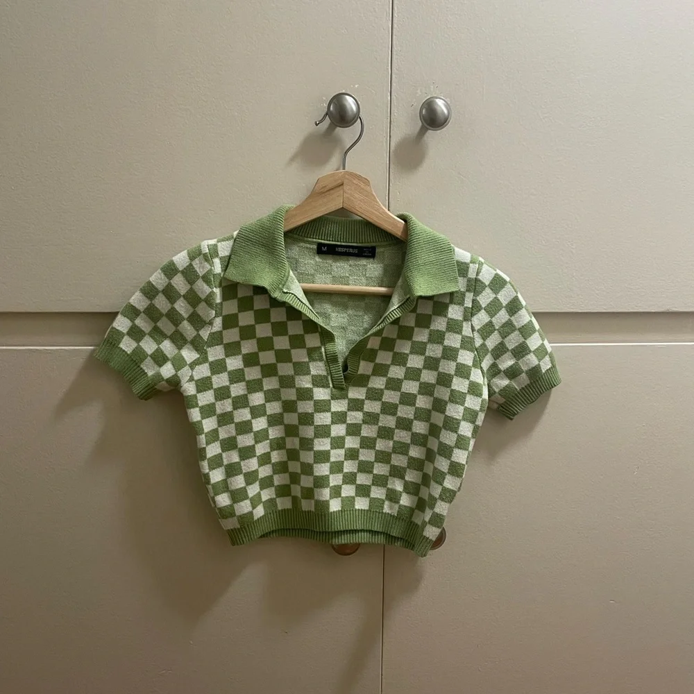 Hesperus Green Checkered Collared Crop Top Sweater Short Sleeve (Size M) - Picture 6 of 8